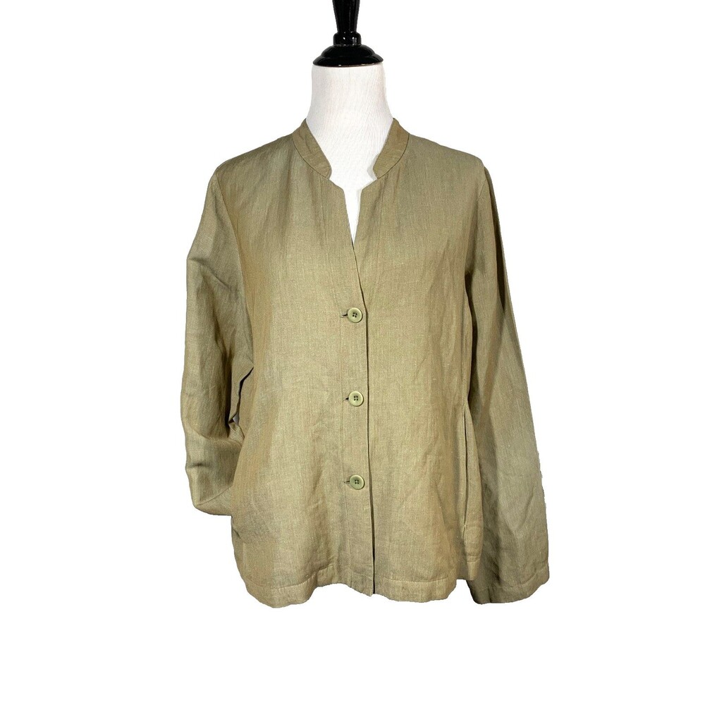 Eileen Fisher Linen Stand Collar Jacket Large Olive Gold